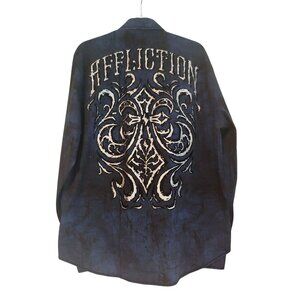 Affliction Mens Blue/black Ink Button Shirt Grunge Rocker Rockstar Metal Band XL